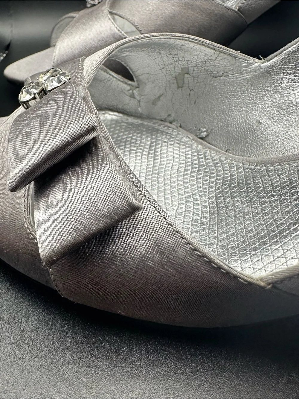 Nina Silver Satin Peep-Toe Flats with Crystal Bow Accent